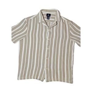H&M Men’s Small Beige White Striped Short Sleeve Button Up Shirt Textured Casual